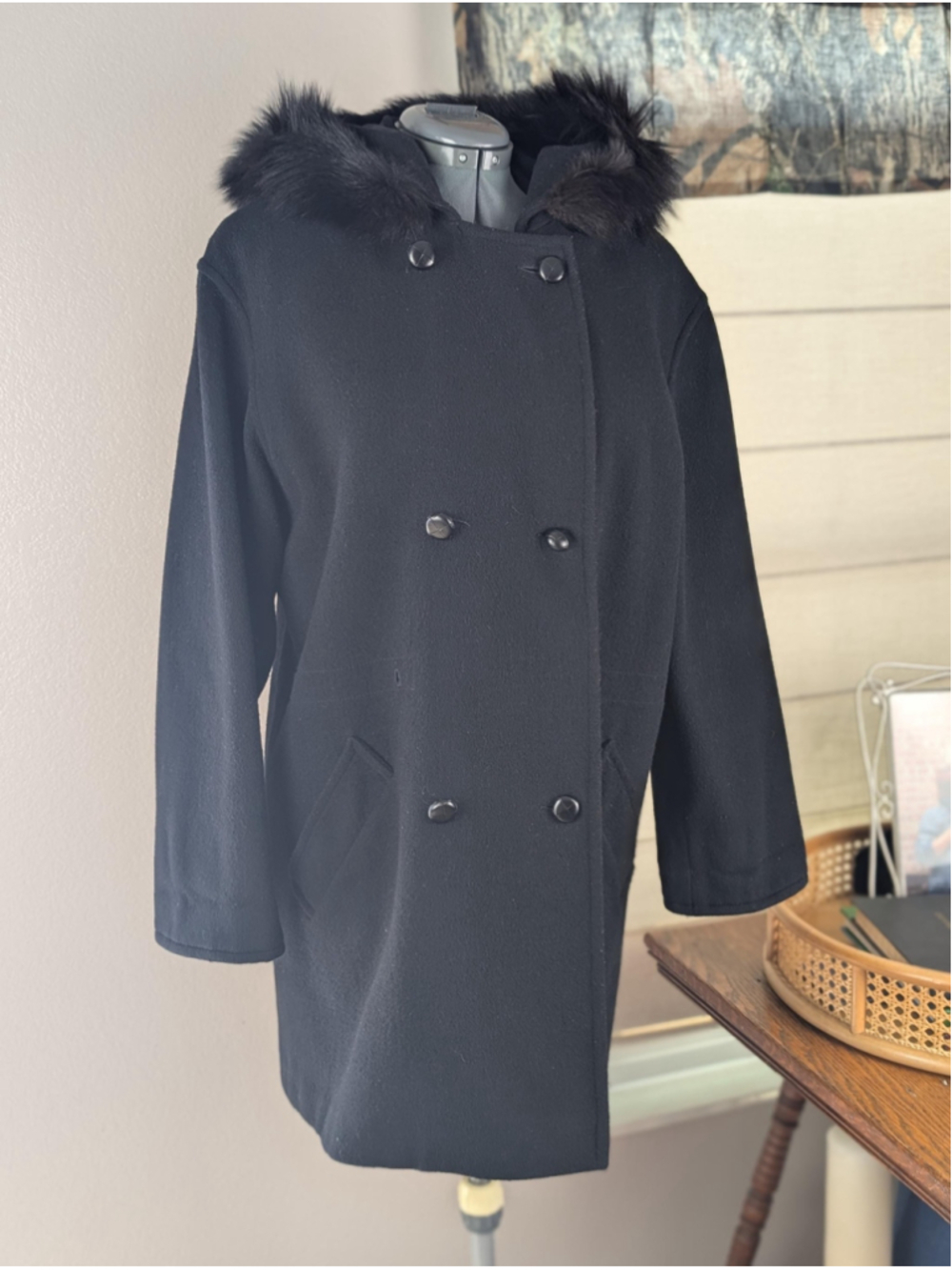 Vintage Forecaster Black Wool Coat – Faux Fur Hood – Double Breasted – Women’s W